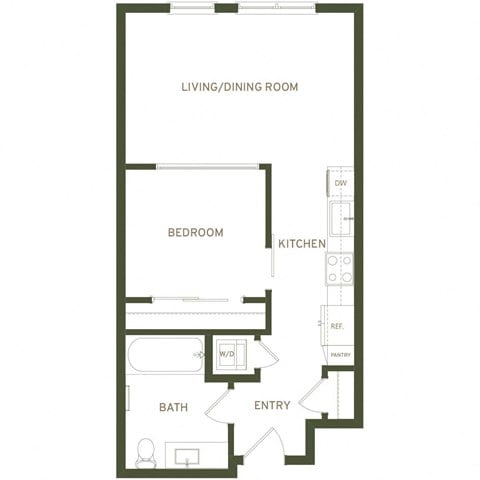 Floor plan for 1 bed, 1 bath, 631 sqft